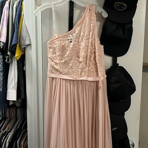 David’s Bridal blush pink bridesmaid gown 1-shoulder